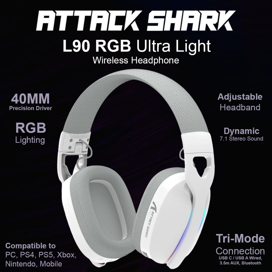 Attack Shark L90 RGB Ultra Light Wireless Gaming Headphones - White