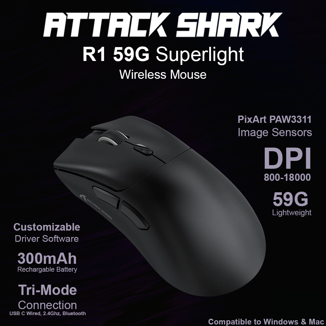 Attack Shark R1 59G Superlight Wireless Mouse - Black