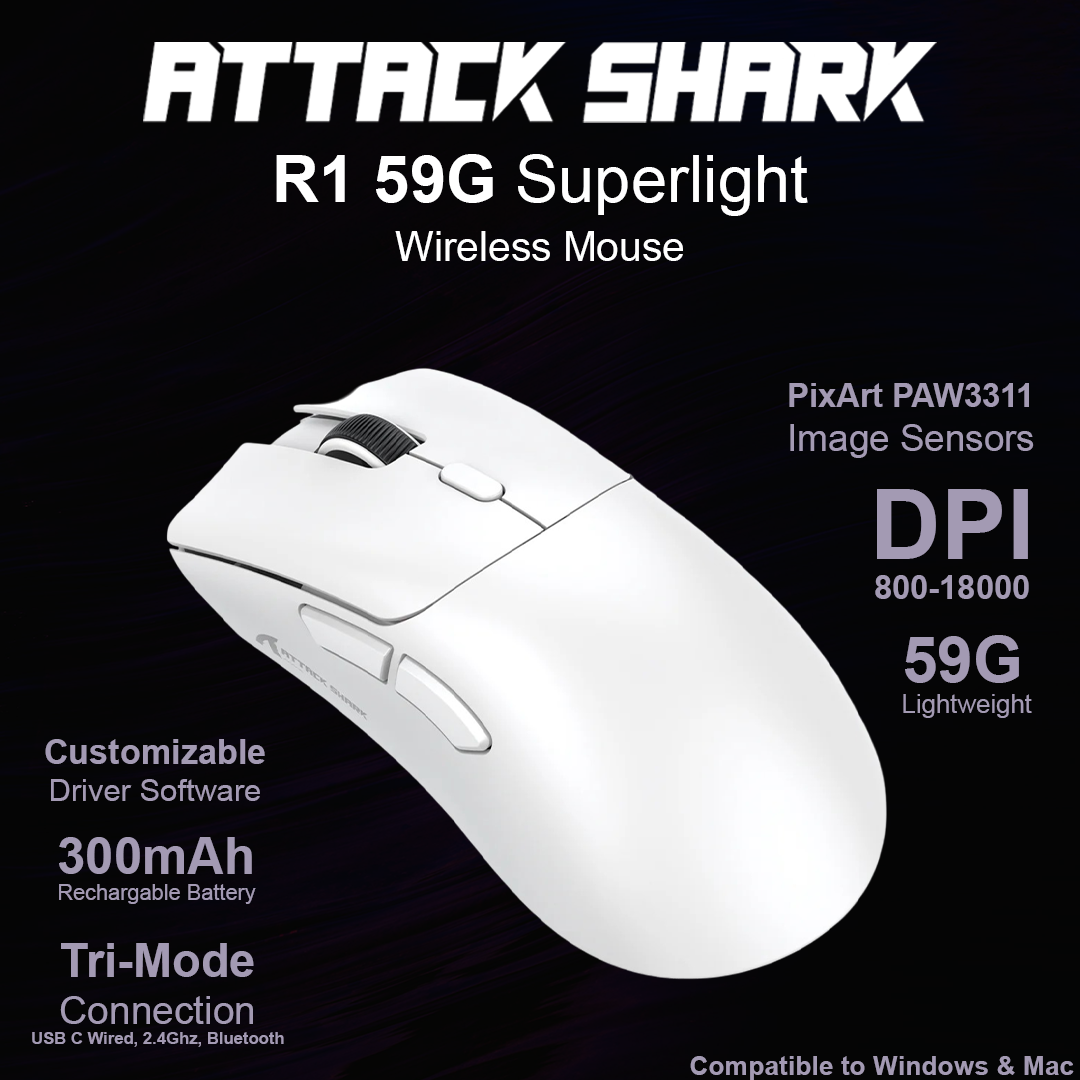 Attack Shark R1 59G Superlight Wireless Mouse - White