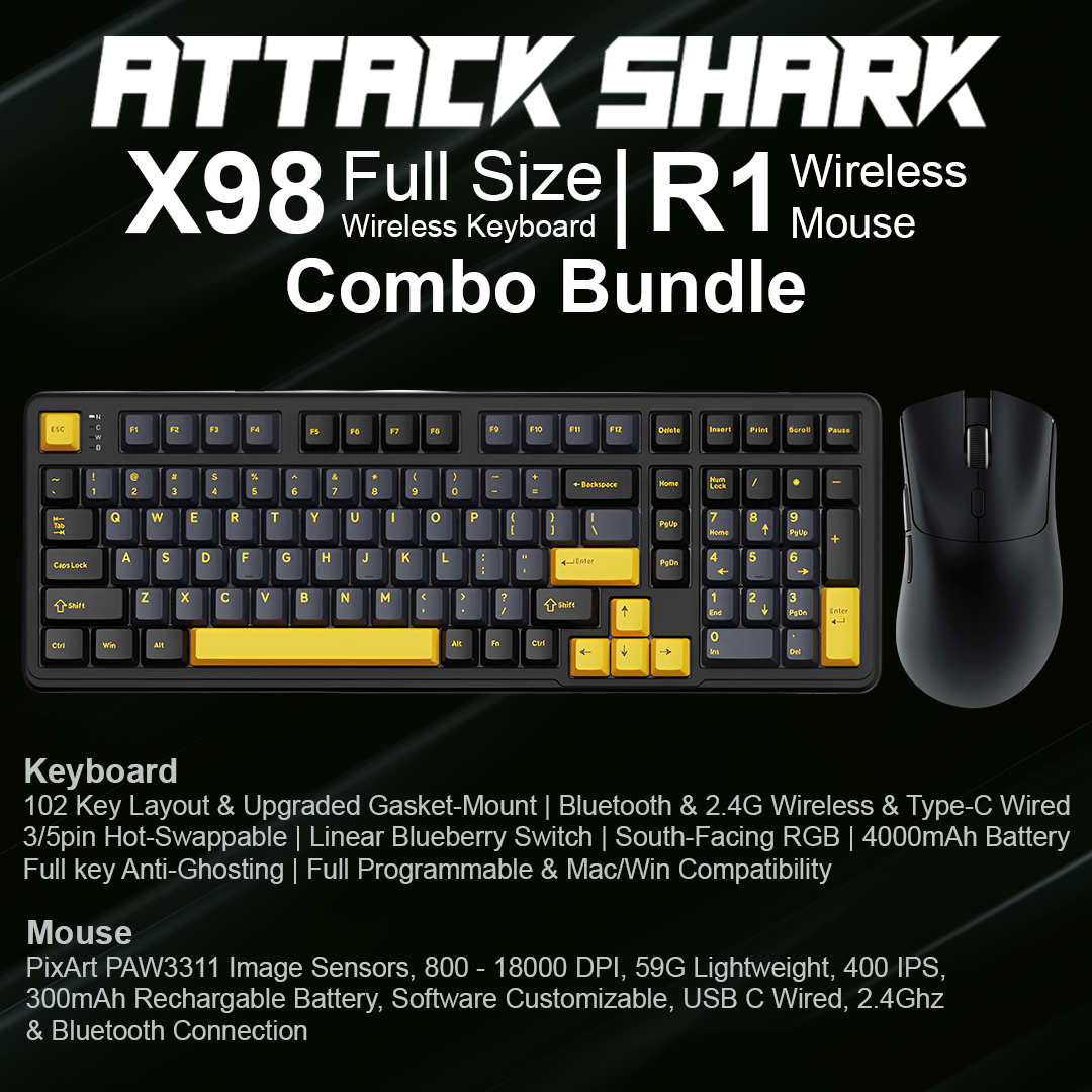 Attack Shark X98 Full Size Wireless Keyboard + Attack Shark R1 Wireless Mouse - Combo Bundle