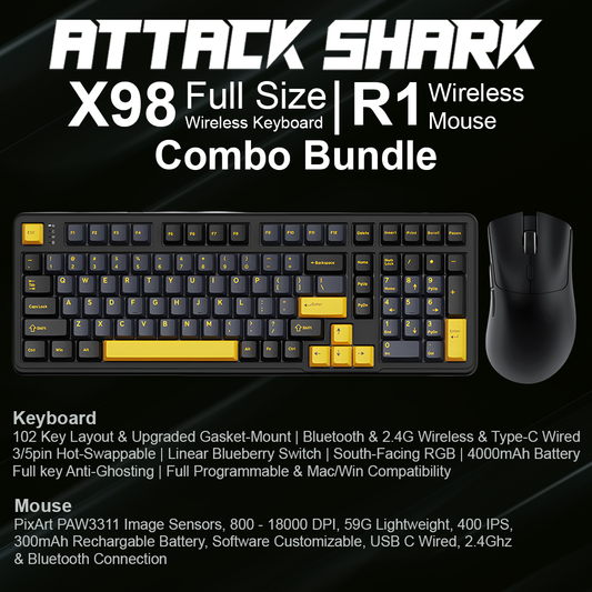 Attack Shark X98 Full Size Wireless Keyboard + Attack Shark R1 Wireless Mouse - Combo Bundle