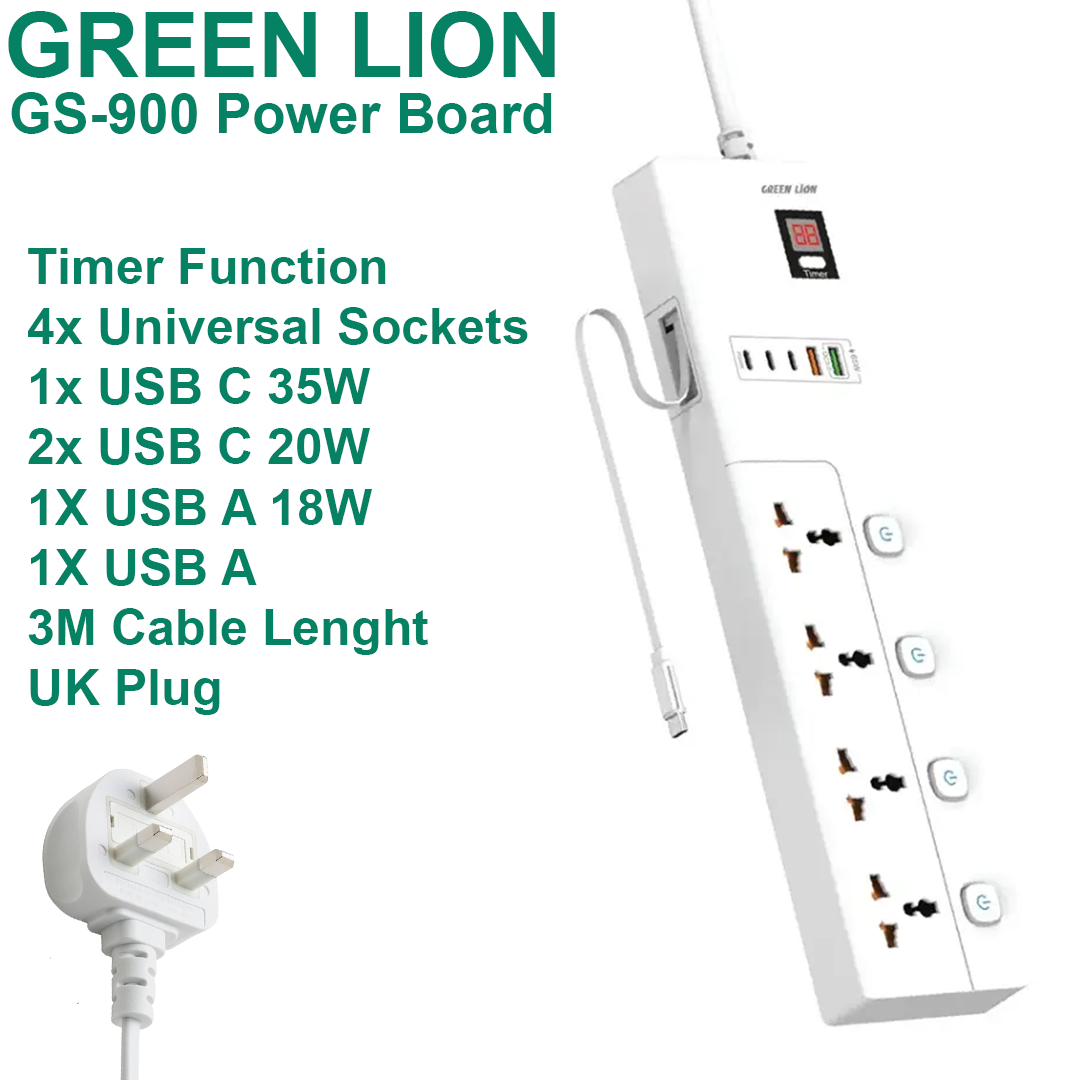 Green Lion 4 Way UK Power Extension Board (2xUSB A / 3xUSB C) - 3M