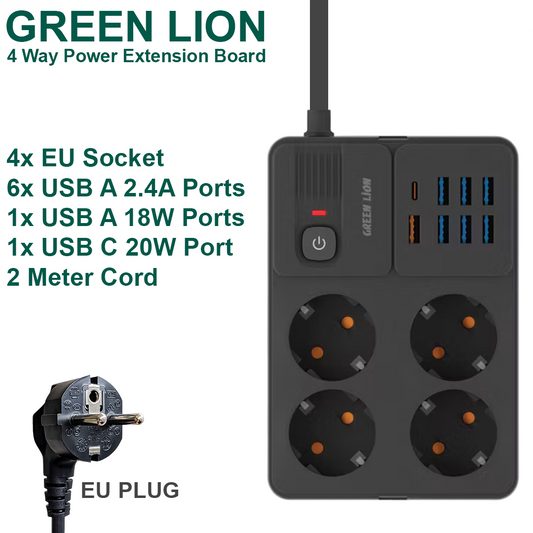 Green Lion 4 Way Power Extension Board (7xUSB A / 1xUSB C) - 2M