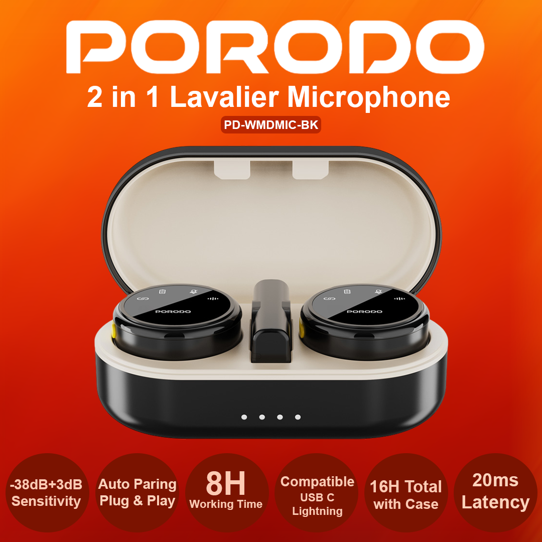 Porodo 2 in 1 Wireless Lavalier Microphone (USB C + Lightning)