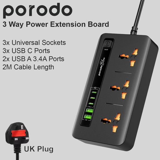 Porodo 3 Way UK Power Extension Board (2xUSB A / 3xUSB C) - 2M