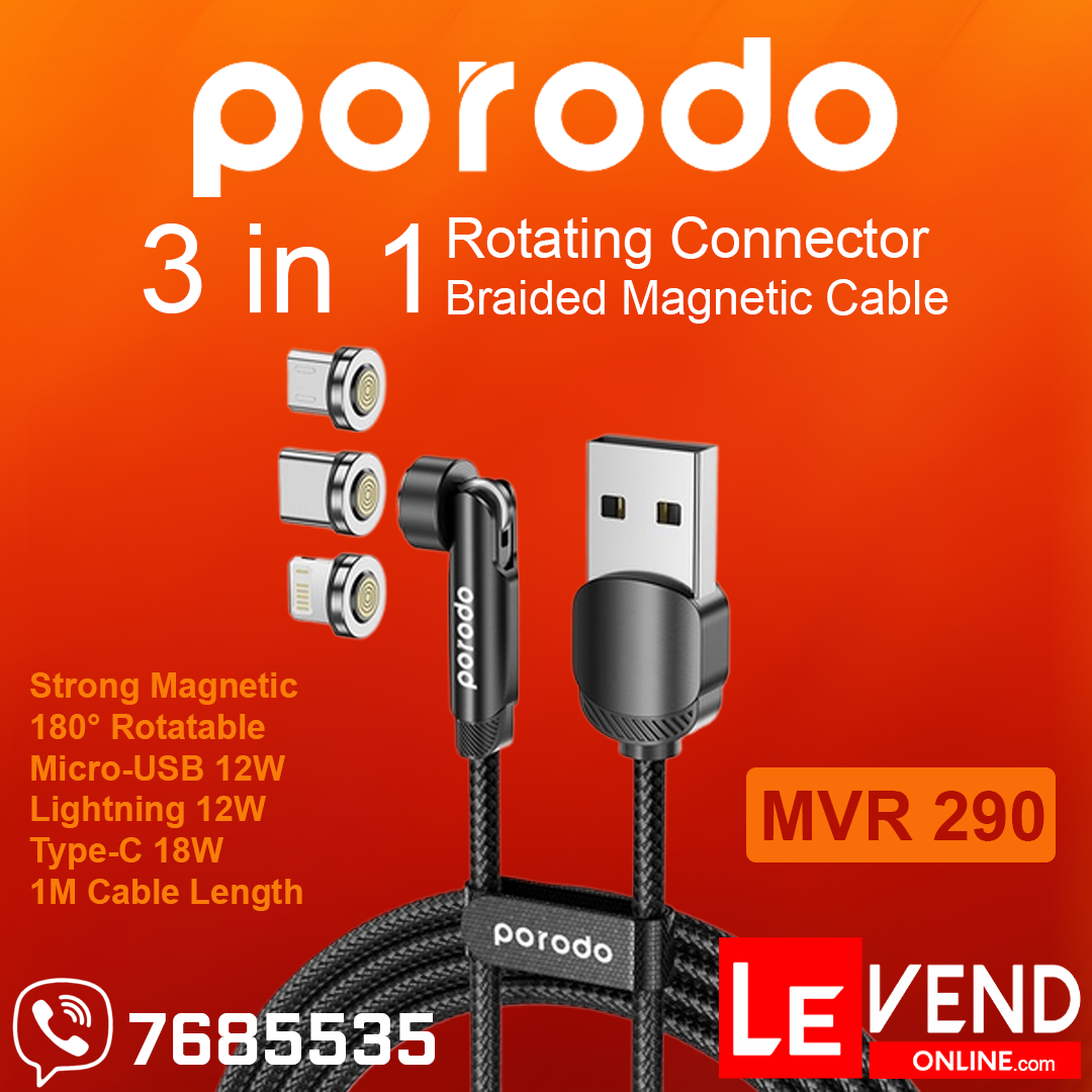Porodo 3 in 1 Rotating Connector Braided Magnetic Cable - 1M