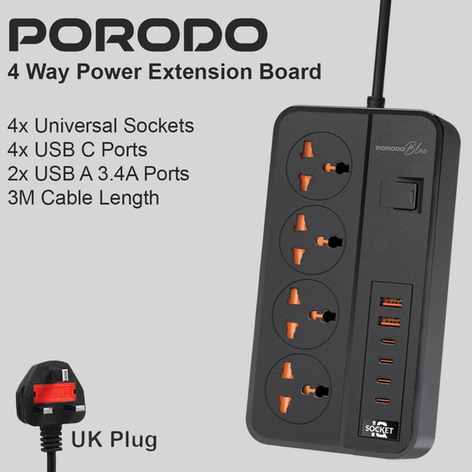 Porodo 4 Way Universal Power Extension Board (2xUSB A / 4xUSB C) - 3M