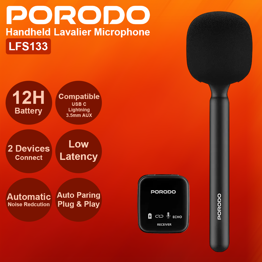 Porodo Two Device Connect Handheld Lavalier Microphone - Black