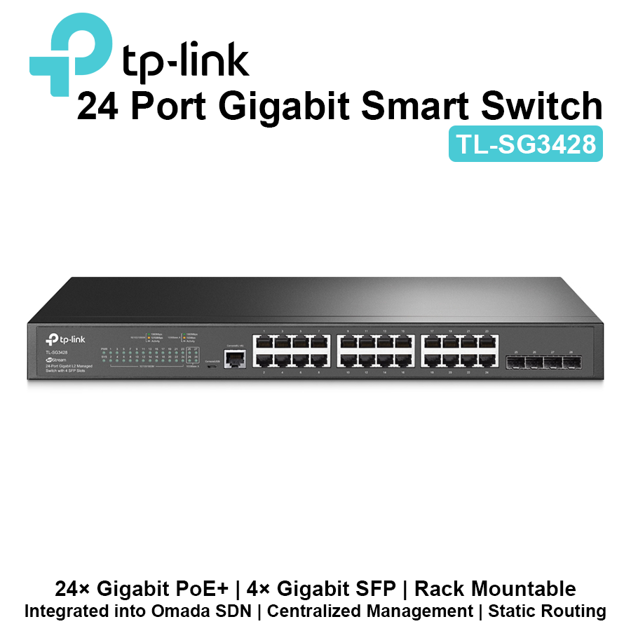 TP Link 24 Port with 4 SFP Ports Gigabit L2 Managed Network Switch - SG3428