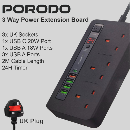 Porodo 3 Way UK Power Extension Board (4xUSB A / 1xUSB C) - 2M