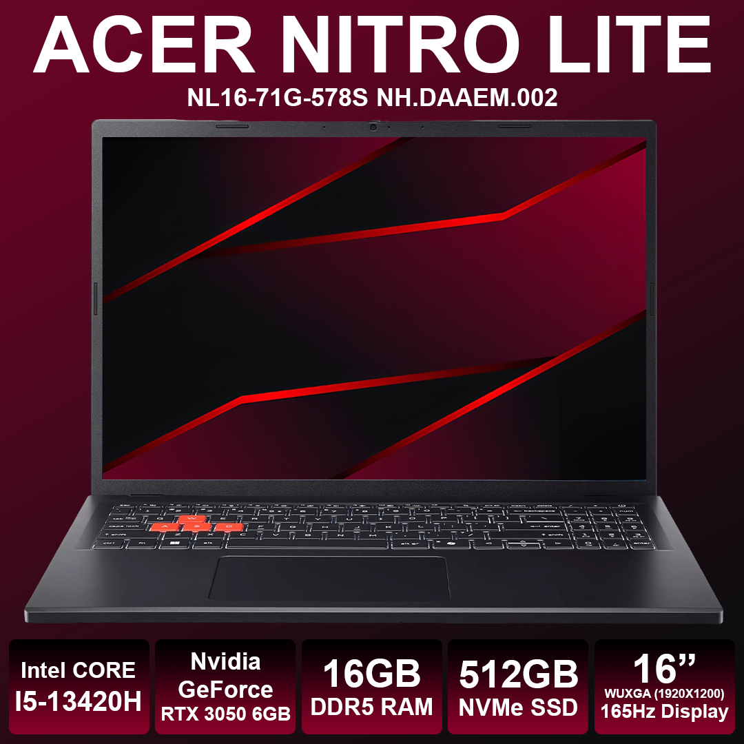 Acer Nitro Lite 16" I5 13th 16GB RAM 512GB NVMe RTX 3050 6GB Laptop