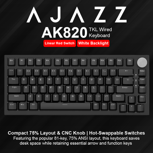 Ajazz AK820 White Backlit TKL Wired Keyboard - Black - Linear Switch