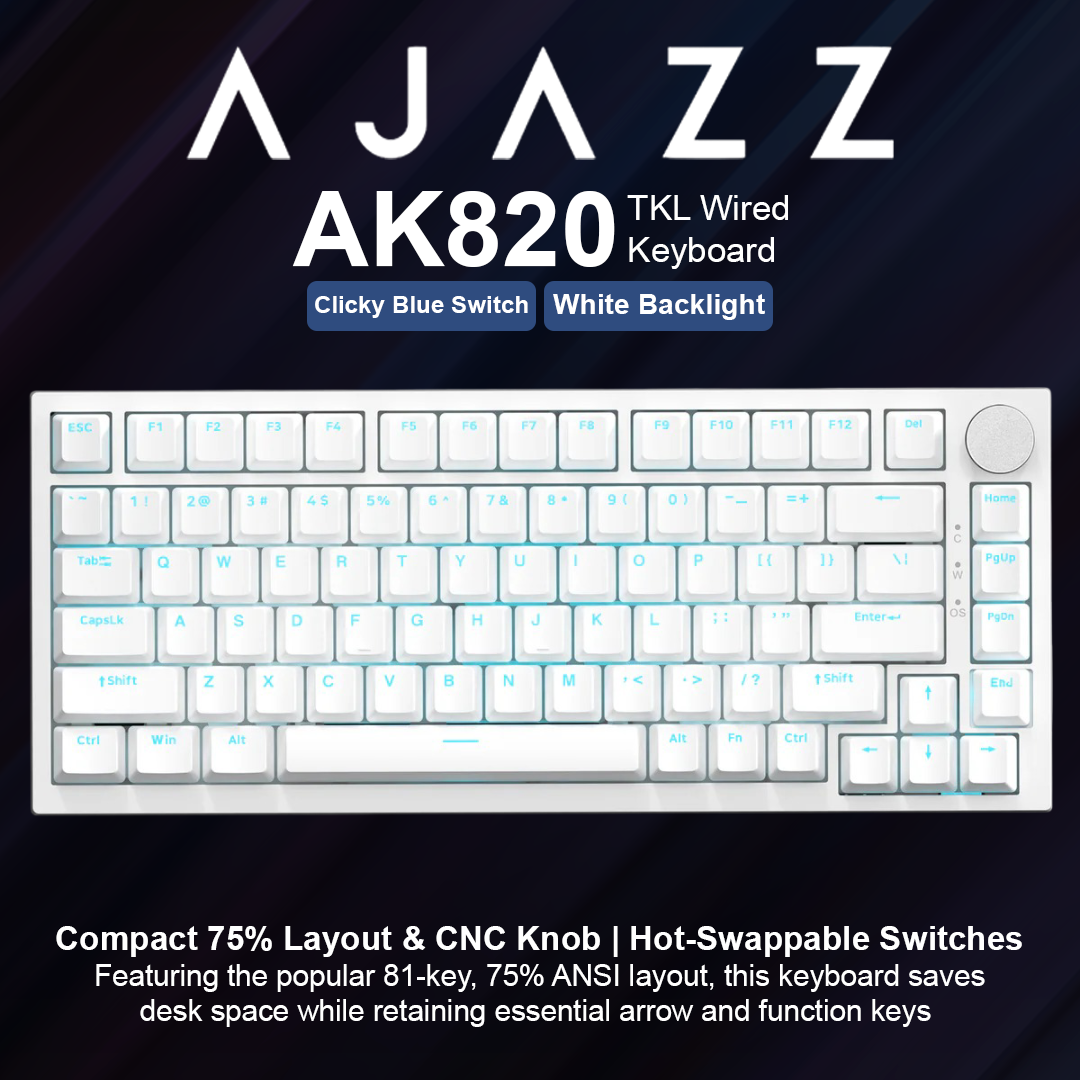 Ajazz AK820 White Backlit TKL Wired Keyboard - White - Clicky Switch
