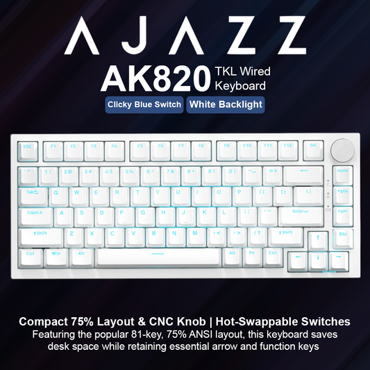 Ajazz AK820 White Backlit TKL Wired Keyboard - White - Clicky Switch
