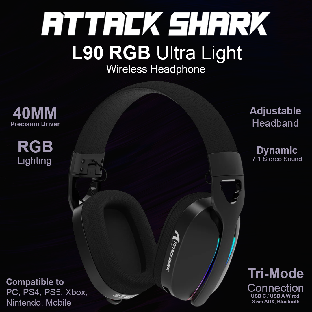 Attack Shark L90 RGB Ultra Light Wireless Gaming Headphones - Black