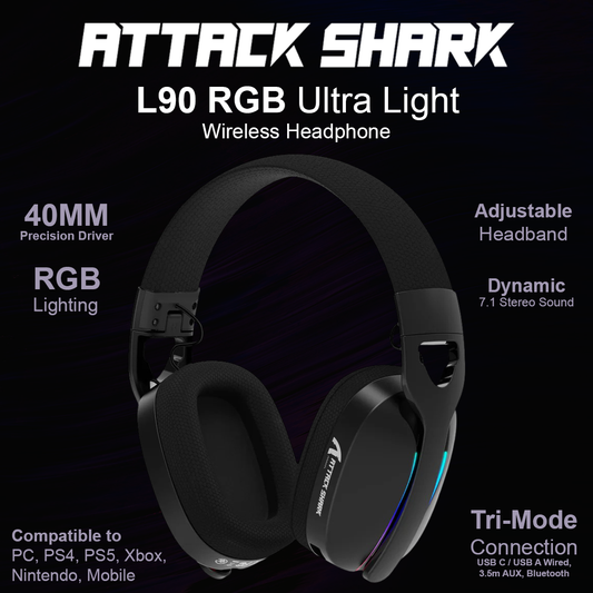 Attack Shark L90 RGB Ultra Light Wireless Gaming Headphones - Black