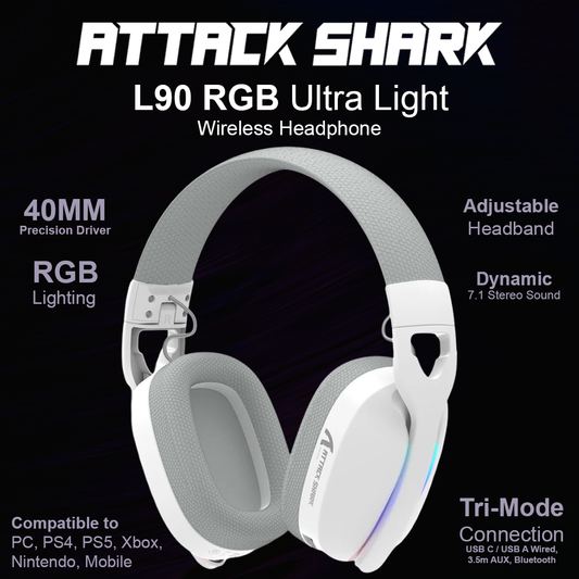 Attack Shark L90 RGB Ultra Light Wireless Gaming Headphones - White