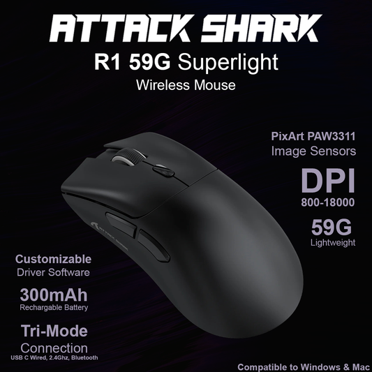 Attack Shark R1 59G Superlight Wireless Mouse - Black