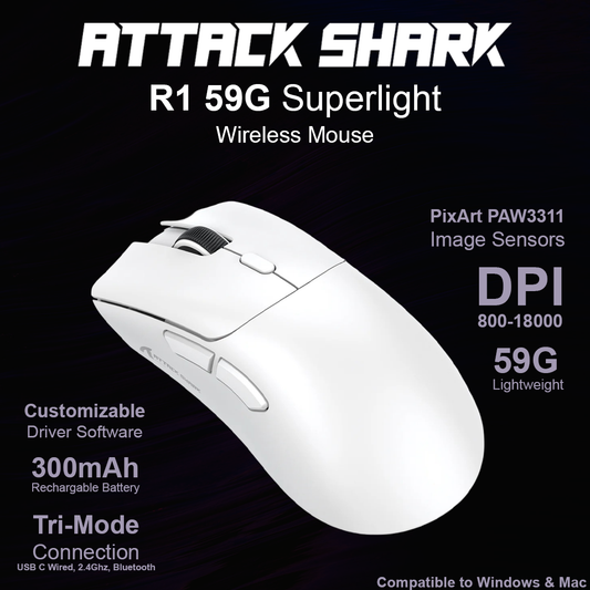 Attack Shark R1 59G Superlight Wireless Mouse - White