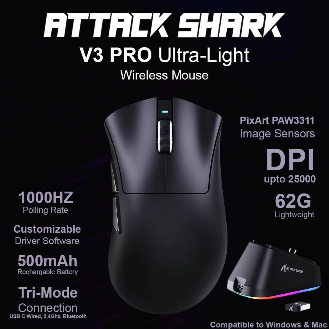 Attack Shark V3 Pro Ultra-Light Wireless Mouse - Black