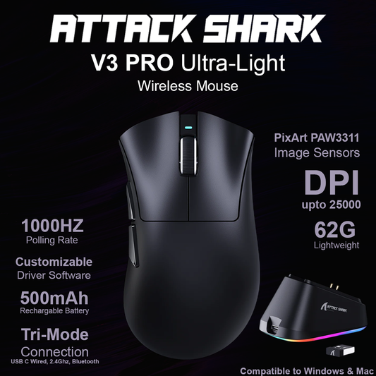 Attack Shark V3 Pro Ultra-Light Wireless Mouse - Black