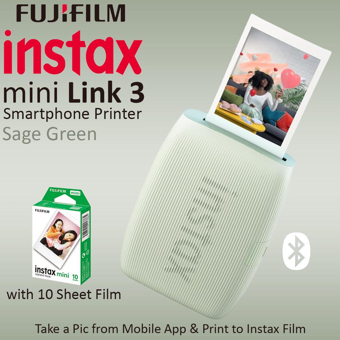 Fujifilm Instax Mini Link 3 Smartphone Printer - Sage Green with 10 Sheet Film