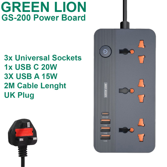 Green Lion 3 Way UK Power Extension Board (3xUSB A / 1xUSB C) - 2M