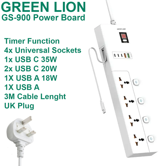 Green Lion 4 Way UK Power Extension Board (2xUSB A / 3xUSB C) - 3M