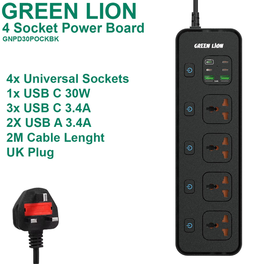 Green Lion 4 Way UK Power Extension Board (2xUSB A / 4xUSB C) - 2M