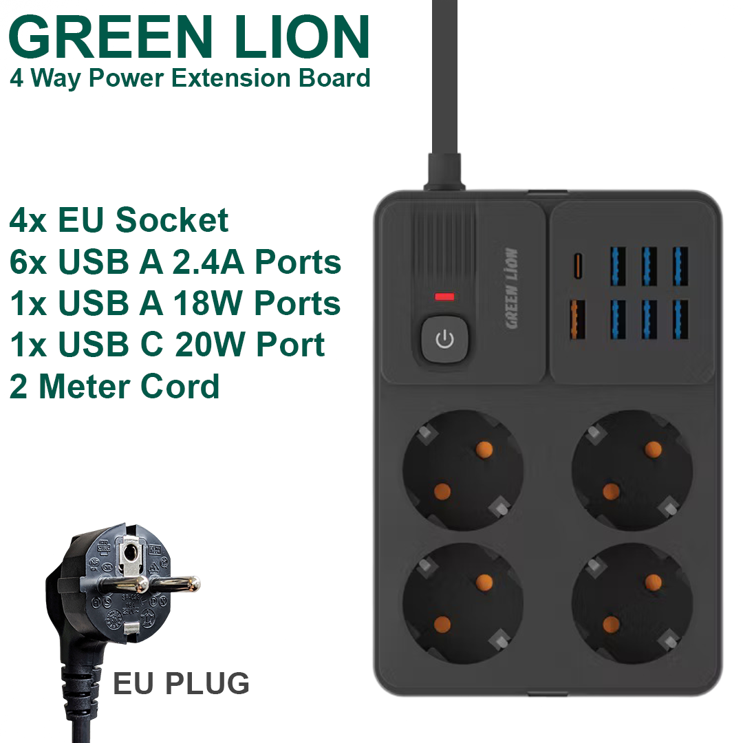 Green Lion 4 Way Power Extension Board (7xUSB A / 1xUSB C) - 2M