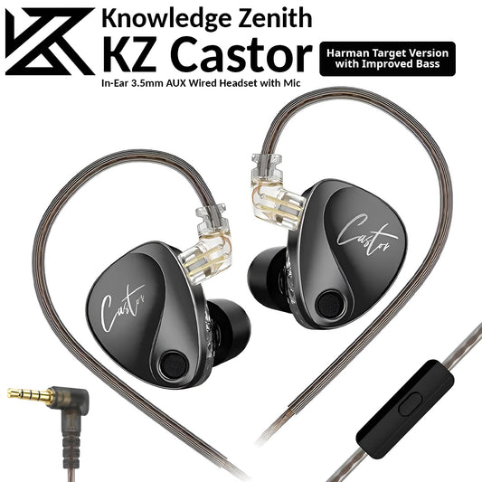 KZ Castor | In-Ear 3.5mm AUX Wired Headset with Mic - Grey (Harman with Bass)