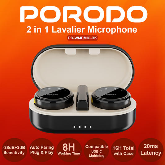 Porodo 2 in 1 Wireless Lavalier Microphone (USB C + Lightning)