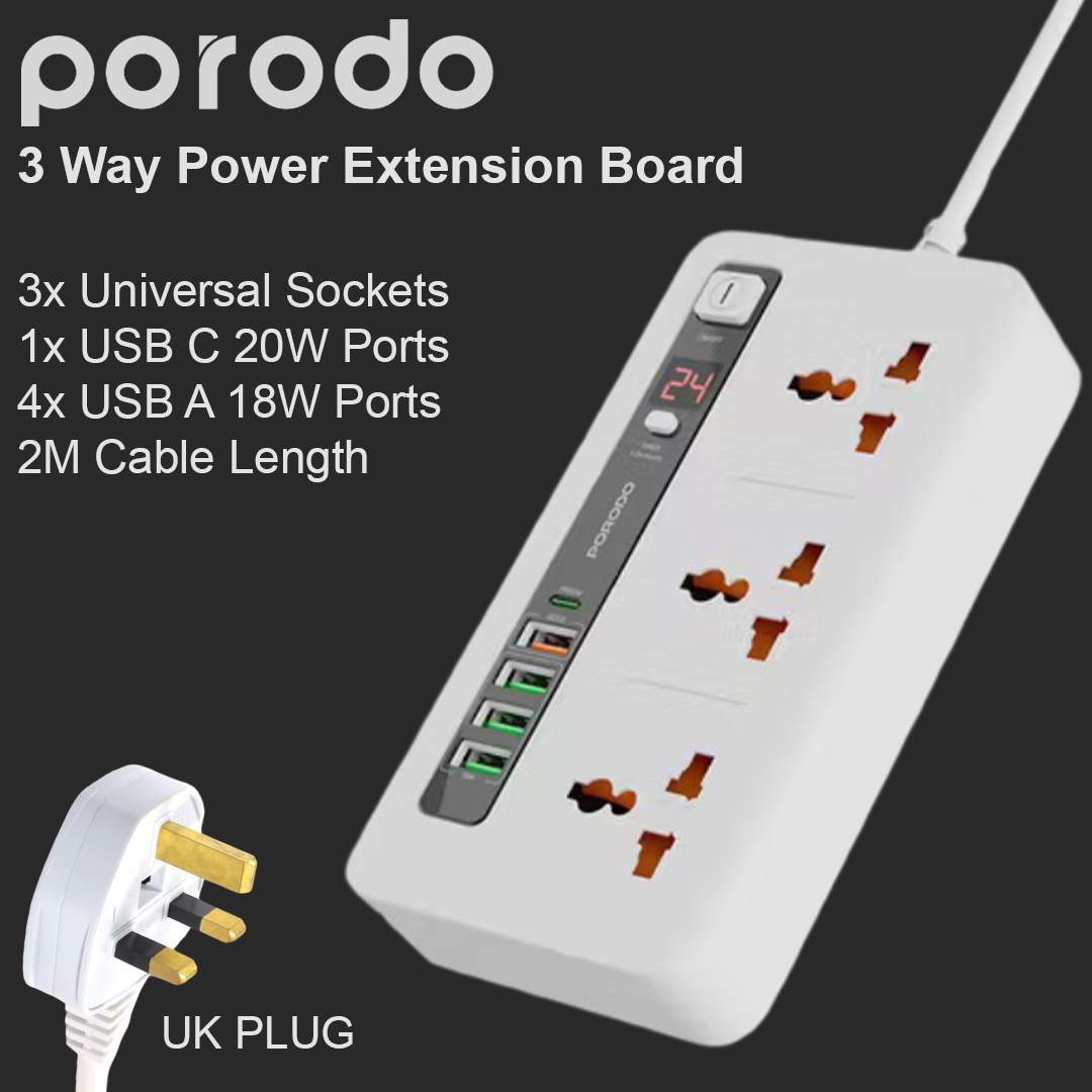 Porodo 3 Way UK Power Extension Board (4xUSB A / 1xUSB C) - 2M (White)