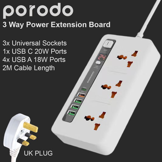 Porodo 3 Way UK Power Extension Board (4xUSB A / 1xUSB C) - 2M (White)