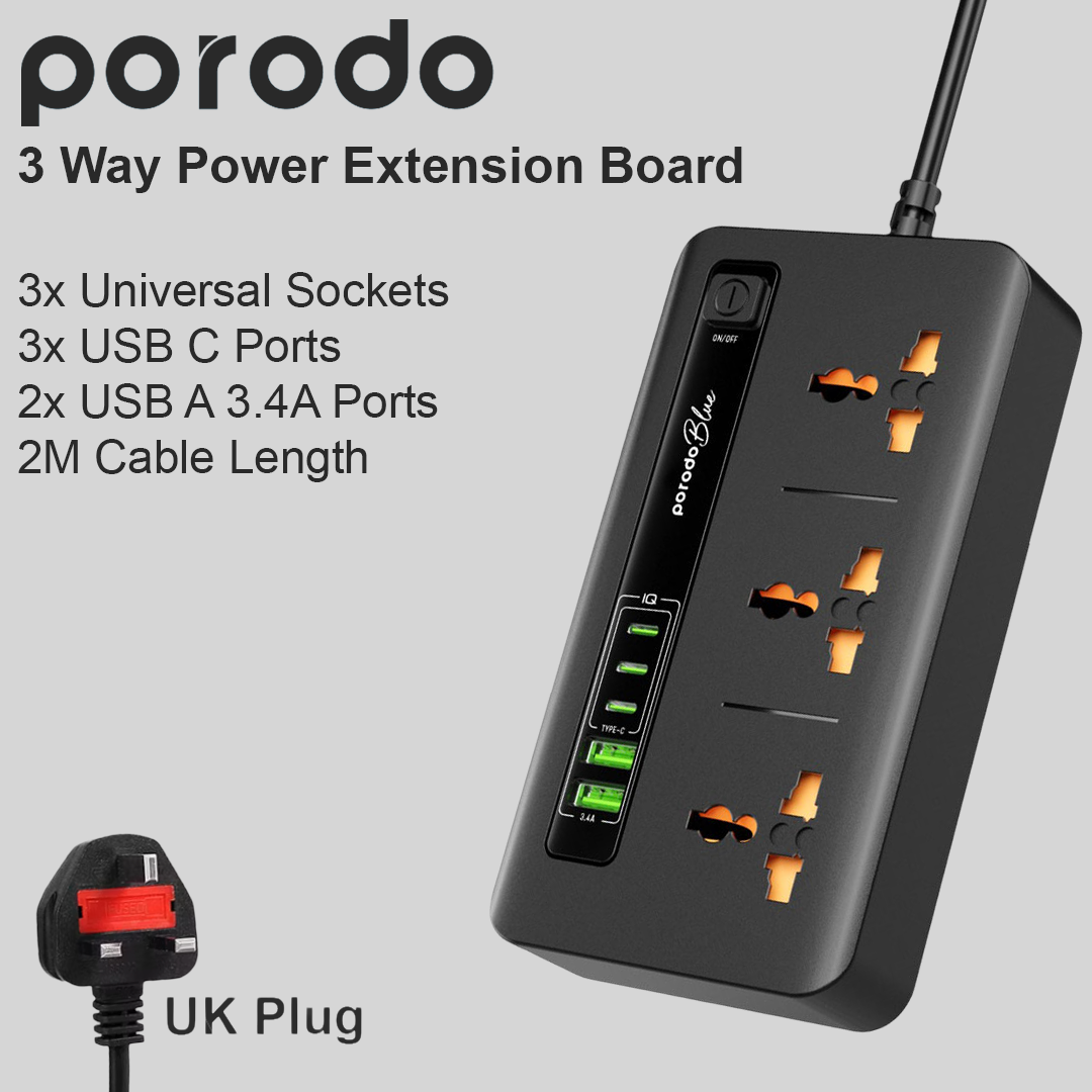 Porodo 3 Way UK Power Extension Board (2xUSB A / 3xUSB C) - 2M