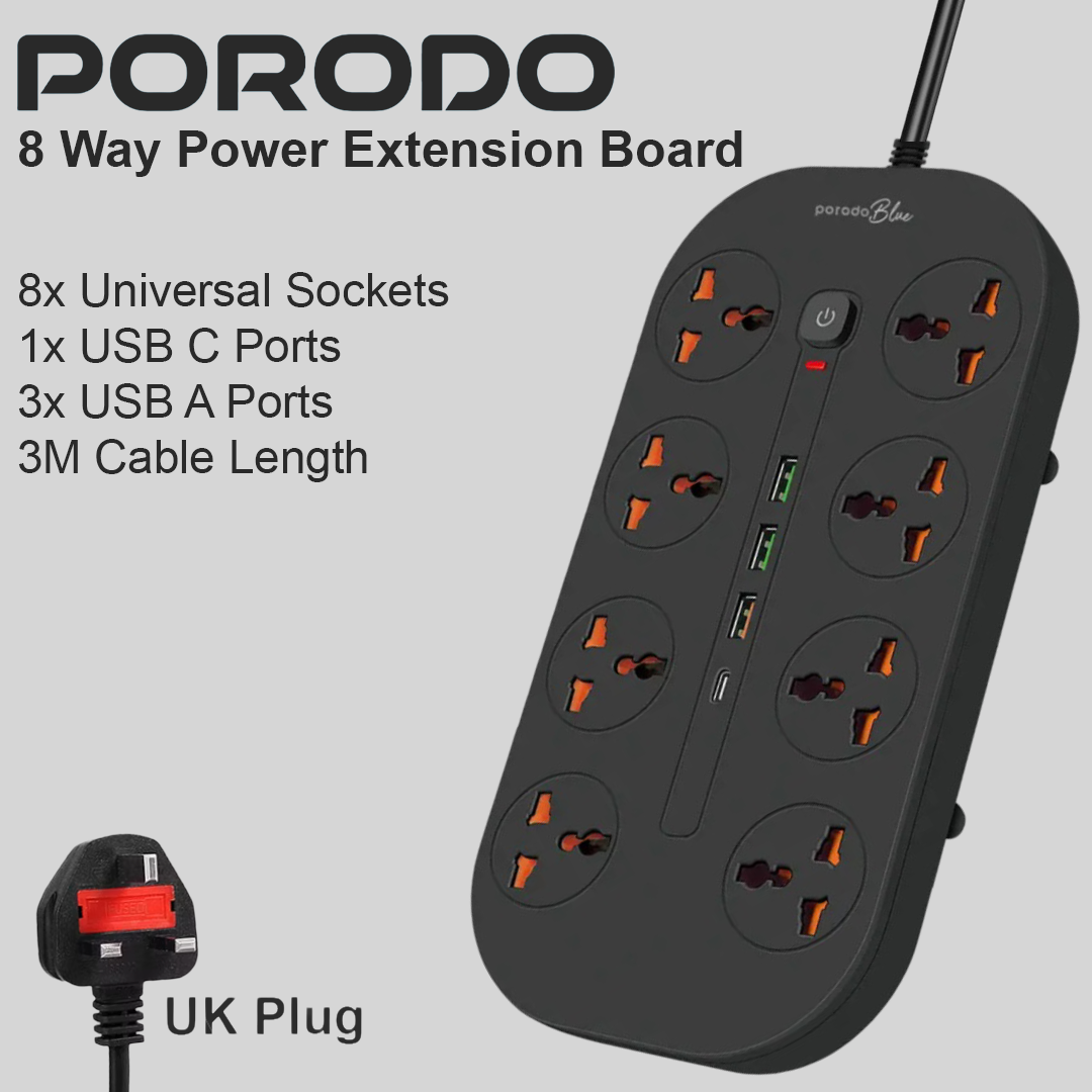 Porodo 8 Way Universal Power Extension Board (3xUSB A / 1xUSB C) - 3M