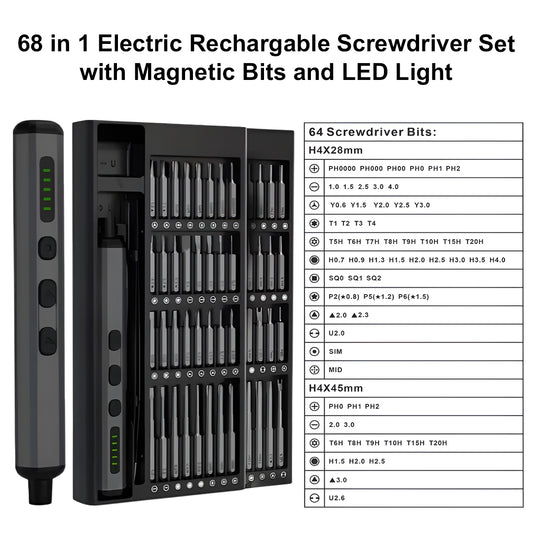 68 in 1 Electric Rechargable Screwdriver Set with Magnetic Bits and LED Light