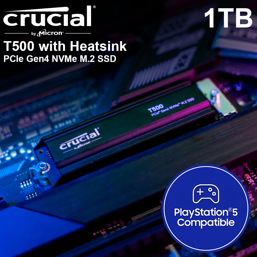 Crucial T500 1TB PCIe Gen4 NVMe M.2 SSD with Heatsink (PS5)