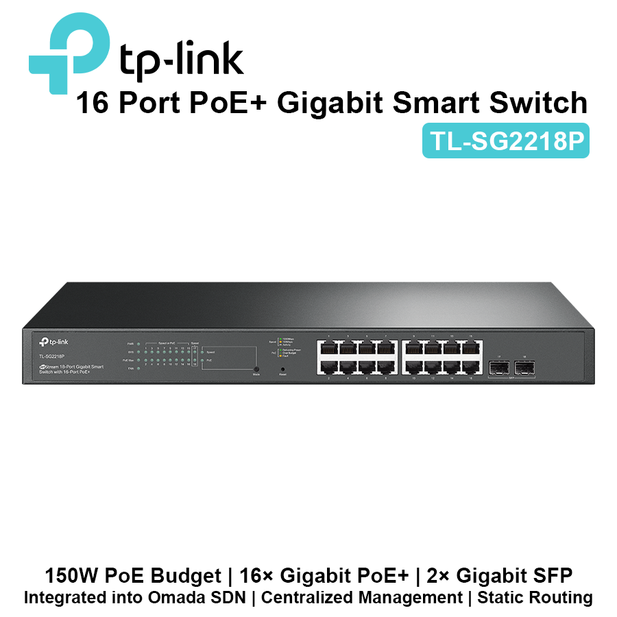 TP Link 16 Port PoE+ with 2 SFP Ports Gigabit Smart Network Switch - SG2218P