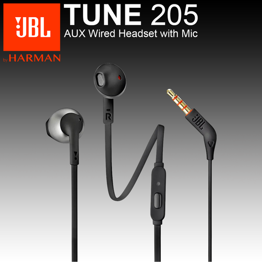 JBL Tune 205 | AUX Wired Headset with Mic - Black