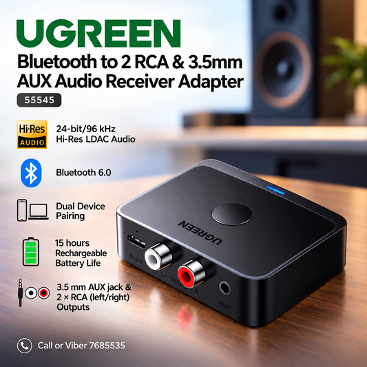 Bluetooth to 2 RCA & 3.5mm AUX Audio Receiver Adapter - 55545