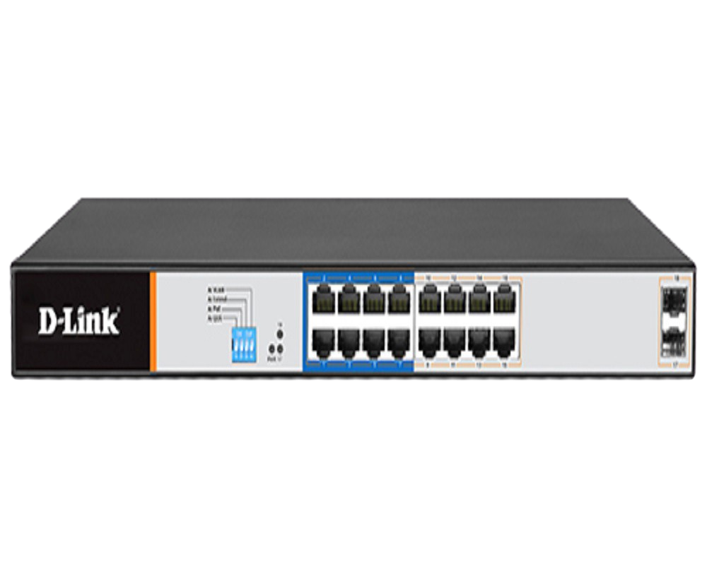 D Link 16 GE PoE + 2 SFP Ports 250m PoE Network Switch - DGS-F1018P-E