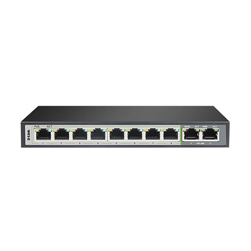 D Link 8 GE PoE+ 2GE Uplink 250m PoE Network Switch - DGS-1010P-E